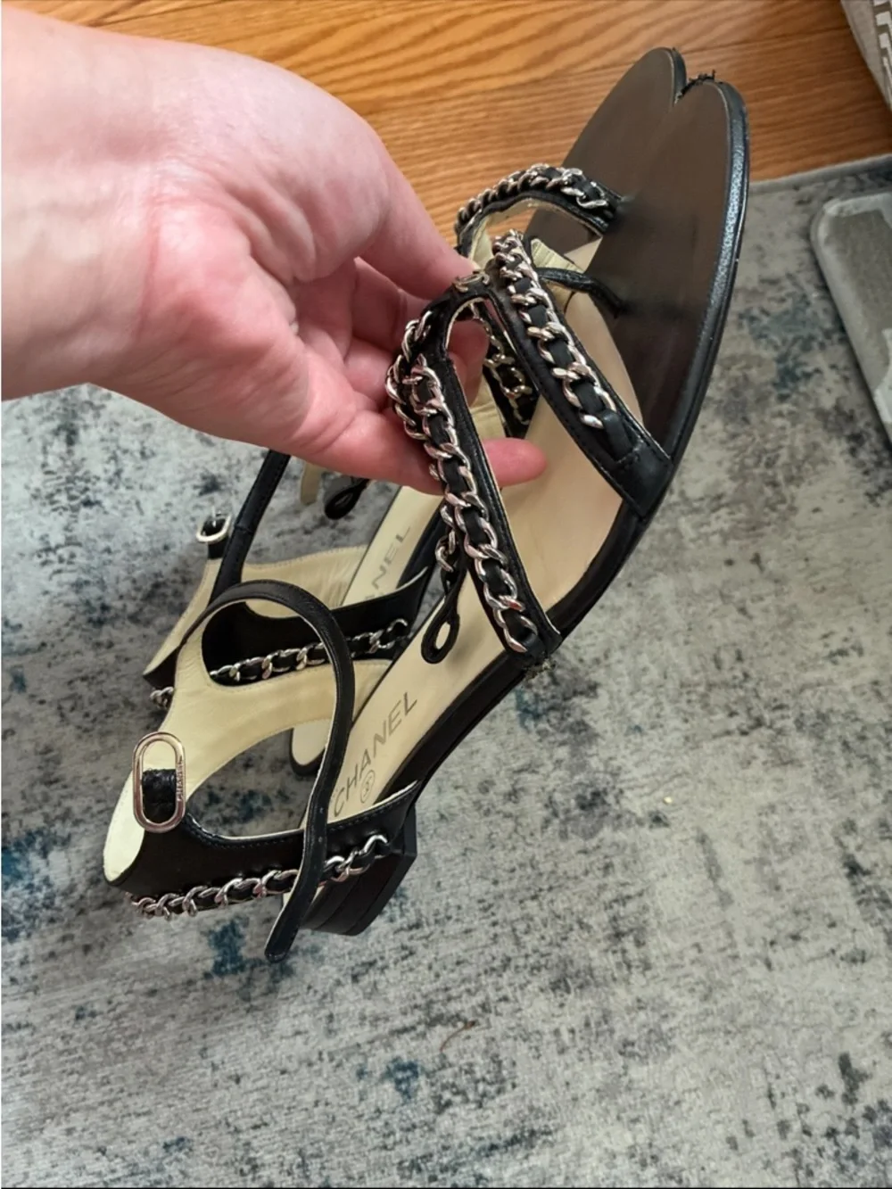 CHANEL Black Leather Chain-Trim Slingback Sandals